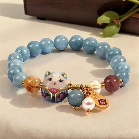 Authentic Lucky Cat Bracelet with Blue Crystal – Feng Shui Good Luck Jewelry for Women, Ceramic Cat Pendant for Wealth, Protection & Positive Energy, Meaningful Gift Bracelet in Saudi Arabia