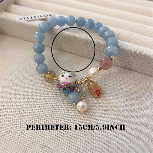 Authentic Lucky Cat Bracelet with Blue Crystal – Feng Shui Good Luck Jewelry for Women, Ceramic Cat Pendant for Wealth, Protection & Positive Energy, Meaningful Gift Bracelet in Saudi Arabia