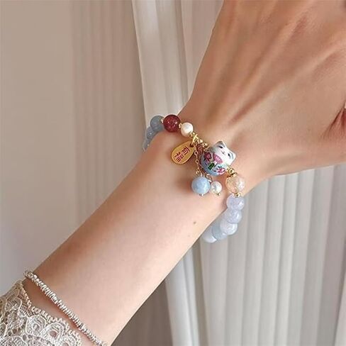 Authentic Lucky Cat Bracelet with Blue Crystal – Feng Shui Good Luck Jewelry for Women, Ceramic Cat Pendant for Wealth, Protection & Positive Energy, Meaningful Gift Bracelet in Saudi Arabia