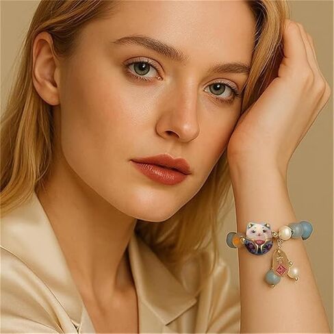 Authentic Lucky Cat Bracelet with Blue Crystal – Feng Shui Good Luck Jewelry for Women, Ceramic Cat Pendant for Wealth, Protection & Positive Energy, Meaningful Gift Bracelet in Saudi Arabia