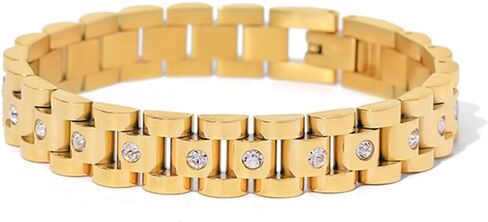 18K Gold Plated Chunky Link Bracelet for Women - Waterproof Stainless Steel Chain Bracelet with CZ Stones - Stackable Bold Statement Jewelry - Tarnish Free Hypoallergenic Gifts for Her 7" in Kuwait