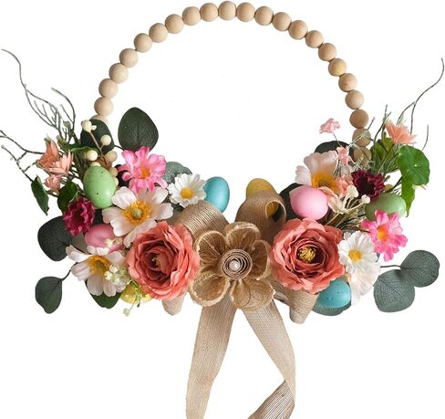 TEMPUS Artificial Easter Wreath 16 Inch Wooden Beads Wreaths for Front Door Spring/Summer Decoration with Colorful Silk Flowers Eggs Flax Bow for Home Indoor Window Wall Farmhouse Outside Decor in Saudi Arabia