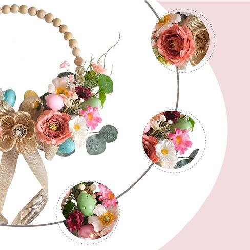 TEMPUS Artificial Easter Wreath 16 Inch Wooden Beads Wreaths for Front Door Spring/Summer Decoration with Colorful Silk Flowers Eggs Flax Bow for Home Indoor Window Wall Farmhouse Outside Decor in Saudi Arabia