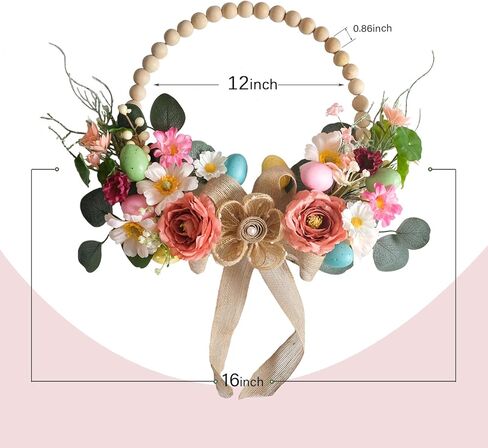 TEMPUS Artificial Easter Wreath 16 Inch Wooden Beads Wreaths for Front Door Spring/Summer Decoration with Colorful Silk Flowers Eggs Flax Bow for Home Indoor Window Wall Farmhouse Outside Decor in Saudi Arabia