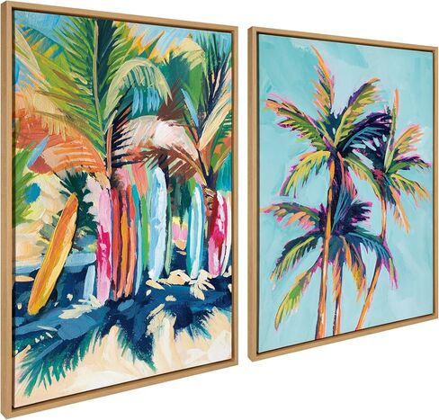 Kate and Laurel Sylvie Surf and Sand and Tropical Palms Study Framed Canvas Wall Art Set by Rachel Christopoulos, 2 Piece 18x24 White, Coastal Beach Palm Tree Art for Wall in Saudi Arabia