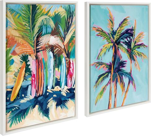 Kate and Laurel Sylvie Surf and Sand and Tropical Palms Study Framed Canvas Wall Art Set by Rachel Christopoulos, 2 Piece 18x24 White, Coastal Beach Palm Tree Art for Wall in Saudi Arabia