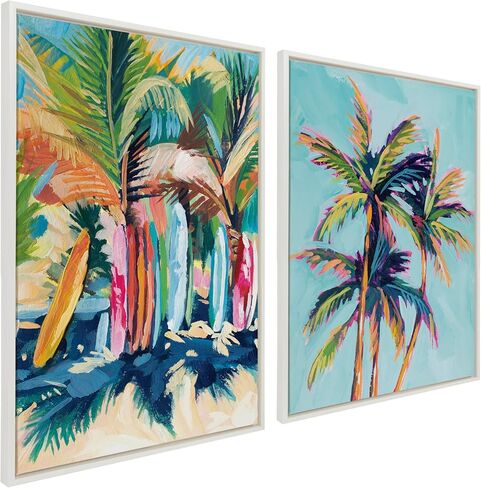 Kate and Laurel Sylvie Surf and Sand and Tropical Palms Study Framed Canvas Wall Art Set by Rachel Christopoulos, 2 Piece 18x24 White, Coastal Beach Palm Tree Art for Wall in Saudi Arabia