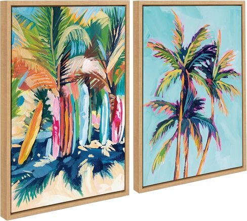 Kate and Laurel Sylvie Surf and Sand and Tropical Palms Study Framed Canvas Wall Art Set by Rachel Christopoulos, 2 Piece 18x24 White, Coastal Beach Palm Tree Art for Wall in Saudi Arabia