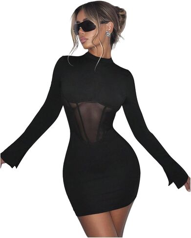 SHENHE Women's Sexy Open Back Sheer Mesh Long Sleeve Backless Bodycon Party Mini Dress in Kuwait