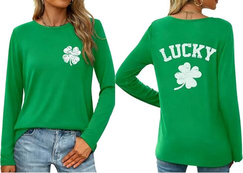 St Patrick's Day Shirts for Women Lucky Shamrock O-Neck Long Sleeve Tee Tops in Saudi Arabia