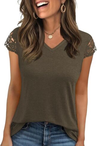 بلايز نسائية الخامس الرقبة قصيرة الأكمام تي شيرت المرأة الصيف بلايز عادية لينة الأساسية بلوزات من الدانتيل الربيع الصيف تيز الملابس 2026 in Kuwait