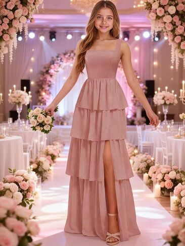 Junior Bridesmaid Dresses for Teen Girls Chiffon Tiered Flower Girl Dress for Wedding Guest Party Gown in Saudi Arabia