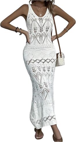 Verdusa Women's Boho Hollow Out Crochet Beach Cover Up Sheer Maxi Tank Dresses Vacation Outfits in Saudi Arabia