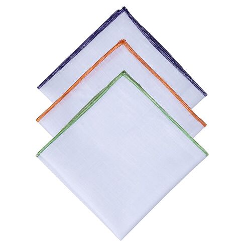 منديل رجالي مربع من الكتان الأبيض الصلب مع حواف مطرزة ملونة (عبوة من 3 قطع - Harvest Gold، Hunter، Baby Pink) in Kuwait