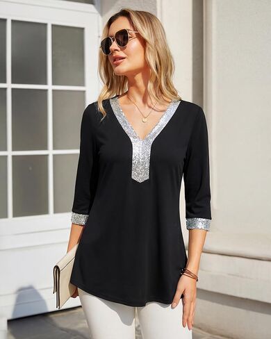 VALOLIA Womens Dressy Blouses Sequin V Neck 3/4 Sleeve Tunic Tops Work Shirts in Saudi Arabia