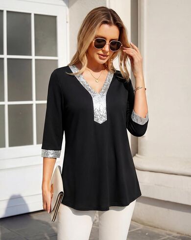 VALOLIA Womens Dressy Blouses Sequin V Neck 3/4 Sleeve Tunic Tops Work Shirts in Saudi Arabia