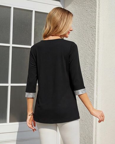 VALOLIA Womens Dressy Blouses Sequin V Neck 3/4 Sleeve Tunic Tops Work Shirts in Saudi Arabia
