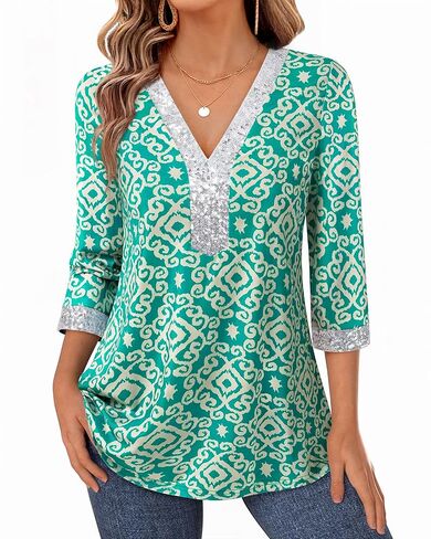 VALOLIA Womens Dressy Blouses Sequin V Neck 3/4 Sleeve Tunic Tops Work Shirts in Kuwait
