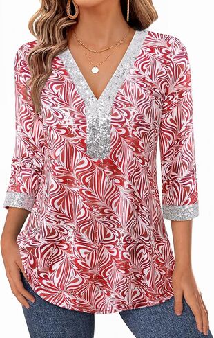 VALOLIA Womens Dressy Blouses Sequin V Neck 3/4 Sleeve Tunic Tops Work Shirts in Saudi Arabia