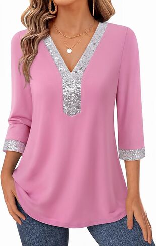 VALOLIA Womens Dressy Blouses Sequin V Neck 3/4 Sleeve Tunic Tops Work Shirts in Saudi Arabia