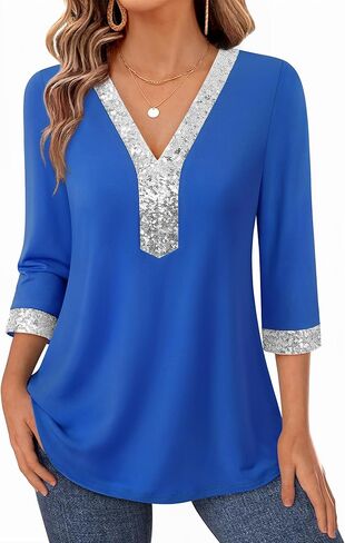 VALOLIA Womens Dressy Blouses Sequin V Neck 3/4 Sleeve Tunic Tops Work Shirts in Saudi Arabia