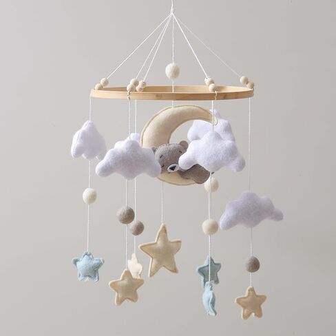 GOODMOM Sleeping Bear Baby Crib Mobile Handmade Soothing Bedtime Baby Mobile for Crib Felt Night Mood Nursery Decor for Baby Boy&Girl Easy Assembly & Durable Newborn Gift (Moon Bear) (Blue) in Saudi Arabia