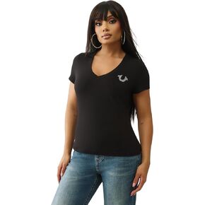 True Religion Crystal Buddha V Neck Tee for Women – Graphic Short Sleeve Cotton Blend Top in Saudi Arabia