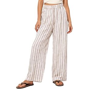 Amazhiyu Women's 100% Linen Summer Casual Elastic Waist Stripes Wide Leg Pants in Kuwait