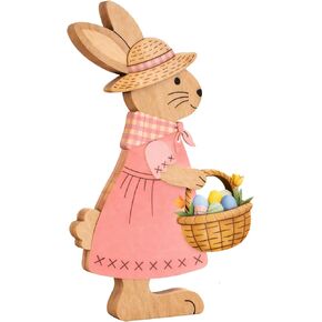 Easter Bunny Decor, Handmade Wooden Easter Bunny with Flower, Cute Easter Decorations for Home, Spring Bunny Figurine in Saudi Arabia