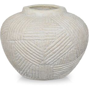 5" Rustic Ceramic Vase for Flowers with Linear Sculpture, Round Terracotta Vase in Retro Farmhouse Style, Small Pottery Vase for Home Living Room, Shelf & Table Decor, Cream White in Saudi Arabia