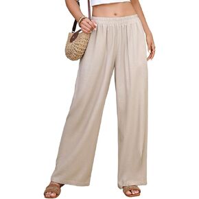 Yusongirl الكتان بنطال ذو قصة أرجل واسعة النساء بالازو الصيف فلوي السراويل عطلة الشاطئ مرونة الخصر السفر بنطلون مع جيوب in Kuwait
