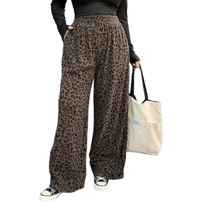 Women's Leopard Cheetah Corduroy Wide Leg Pants Elastic High Waisted Baggy Pants Casual Trousers in Kuwait