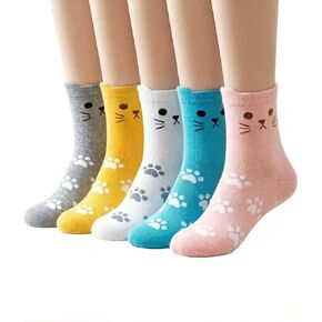 5 Pairs Cute Cat Face Socks for Women, Novel Stretchy Mid-Calf Socks with Paw Print Pattern, Women's Birthday Cat Gifts in Saudi Arabia