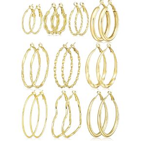 أقراط حلقية ذهبية للنساء، مجموعة أقراط حلقية كبيرة مضادة للحساسية، مجموعة أقراط حلقية صغيرة وكبيرة خفيفة الوزن للنساء كهدية مجوهرات 25 مم/30 مم/40 مم/50 مم in Kuwait