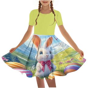 Easter Dress Girls Trendy Printed Short Sleeve Round Neck Mini Dresses Ballet Tutu Flowy A-Line Sundress Size 4-14 in Kuwait