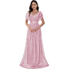 Sequin Long Mother of The Bride Dresses for Women V Neck Cap Sleeve Evening Gowns Sparkly Prom Dress in Kuwait