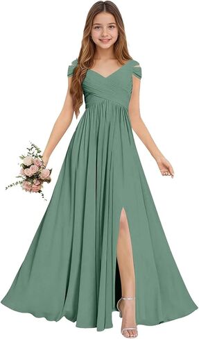 Rlweus Junior Bridesmaid Dresses for Wedding Chiffon Off-Shoulder Flower Girl Dress Teen Girls Formal Wedding Party Gowns in Saudi Arabia