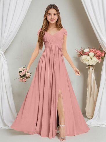 Rlweus Junior Bridesmaid Dresses for Wedding Chiffon Off-Shoulder Flower Girl Dress Teen Girls Formal Wedding Party Gowns in Saudi Arabia