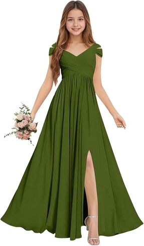 Rlweus Junior Bridesmaid Dresses for Wedding Chiffon Off-Shoulder Flower Girl Dress Teen Girls Formal Wedding Party Gowns in Saudi Arabia