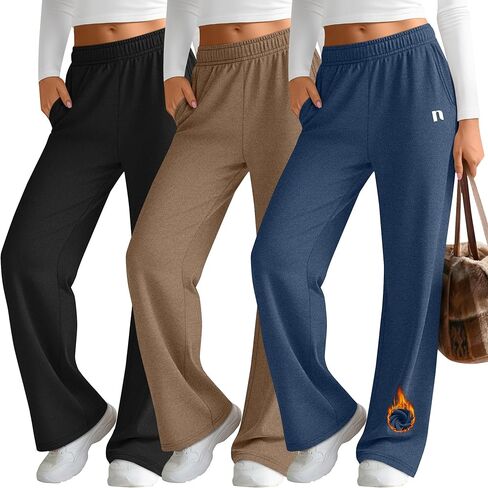 Neer 3 Pack Women's Fleece Lined Sweatpants Thermal Workout Baggy Joggers Elastic Wide Leg Lounge Pants with Pockets Winter in Saudi Arabia