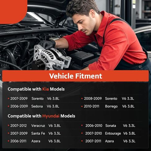 Alternator Replacement For 2006-2012 Kia Hyundai 3.3 3.8L V6,06-11 Azera,2007-2009 Santa Fe Sonata, 07-10 Entourage Veracruz,06-09 Sedona,2010-2011 Borrego,2007-2009 Kia Sorento,11191N,102211-3102 in Kuwait