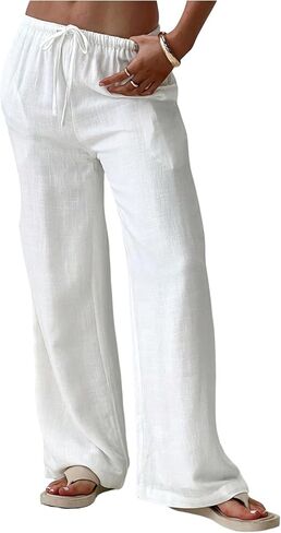 Verdusa Women's Straight Leg Casual Linen Palazzo Pants Spring Outfits Long Trousers with Pockets in Saudi Arabia