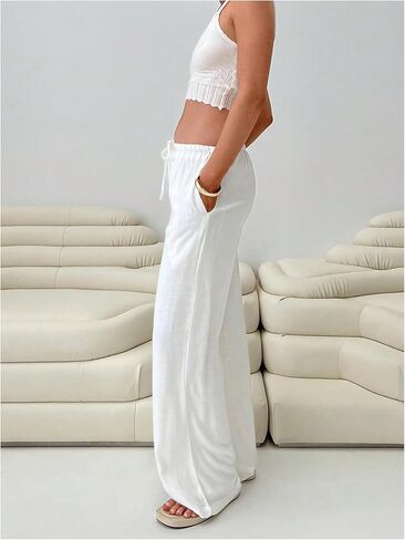 Verdusa Women's Straight Leg Casual Linen Palazzo Pants Spring Outfits Long Trousers with Pockets in Saudi Arabia