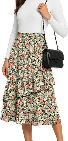 Womens Midi Skirts 2025 Summer Trendy Ruffle Elastic High Waisted Long Flowy Maxi Skirt with Pockets in Kuwait