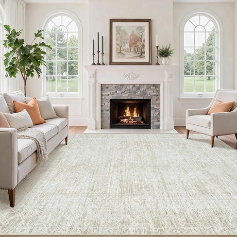 8x10 Area Rug for Living Room, Washable Moroccan Geometric Rug Soft Non-Slip Rubber Vintage Boho Large Rug, Low Pile Farmhouse Carpet for Bedroom Dining Room Nursery Modern Office (Beige, 8'x10') in Kuwait