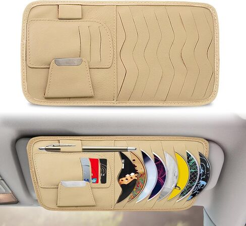 Car Sun Visor Organizer, Car CD Case Holder, Universal Car Eyeglasses Holder Clip with Storage Pockets, for Storing Sunglasses Card Pen Invoice, Beige, Cream-yellow in Saudi Arabia