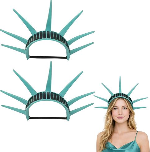 2Pcs Statue of Liberty Crown Headband, 7‑Spike Teal Tiara Hat Headpiece, One‑Size Costume Accessories, Adjustable Strap for USA Patriotic American Cosplay, Themed Parties, Halloween Event, Souvenir in Saudi Arabia