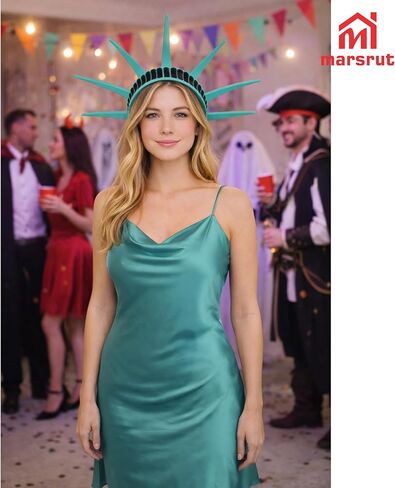 2Pcs Statue of Liberty Crown Headband, 7‑Spike Teal Tiara Hat Headpiece, One‑Size Costume Accessories, Adjustable Strap for USA Patriotic American Cosplay, Themed Parties, Halloween Event, Souvenir in Saudi Arabia