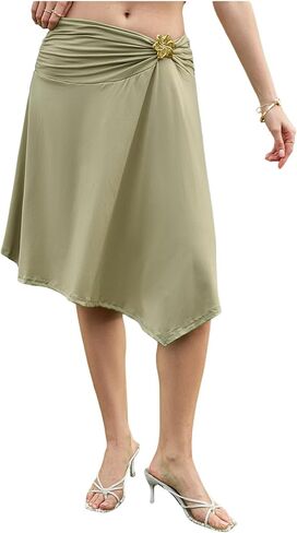 Milumia Women's Flower Decor Ruched Asymmetrical Skirt Low Waisted Flared Skirts in Saudi Arabia