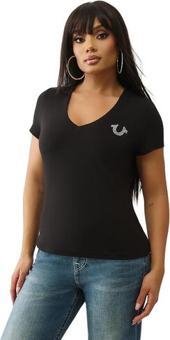 True Religion Crystal Buddha V Neck Tee for Women – Graphic Short Sleeve Cotton Blend Top in Saudi Arabia